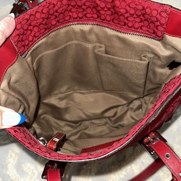 Coach Galaxy Tote Signature Canvas Red Silver Hardware Bag Purse - Picture 13 of 15